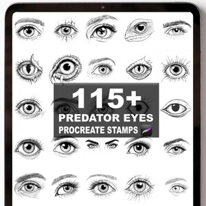 Könnte beinhalten: Digitales Kunstbild auf einem Tablet-Bildschirm mit zahlreichen detaillierten Schwarz-Weiß-Illustrationen von Augen. Das Bild enthält den Text "115+ PREDATOR EYES PROCREATE STAMPS".