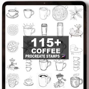 May include: A digital art collection of coffee-themed Procreate stamps. The image displays various coffee cups, mugs, and related items, all rendered in a black and white line art style. The text "115+ COFFEE PROCREATE STAMPS" is prominently featured.