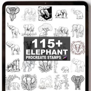 May include: A digital art display showcasing various black and white elephant illustrations. The central image displays the text "115+ ELEPHANT PROCREATE STAMPS". The illustrations vary in style, depicting different poses and artistic interpretations of elephants.