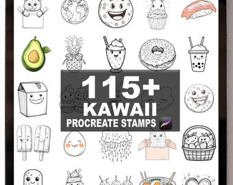 May include: A digital illustration on a tablet screen featuring a collection of 115+ Kawaii Procreate stamps. The stamps include various food items, animals, and other cute designs, all in a black and white line art style.