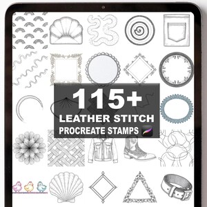 Puede incluir: Una colección de arte digital que se muestra en la pantalla de una tableta. La imagen presenta una variedad de sellos Procreate en blanco y negro, incluidos diseños florales, ropa y formas geométricas. El texto dice "115+ Leather Stitch Procreate Stamps."