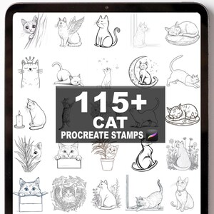 May include: A digital art collection of 115+ cat Procreate stamps. The image displays various black and white cat illustrations in different poses and settings, including cats with wings, in boxes, and on the moon.