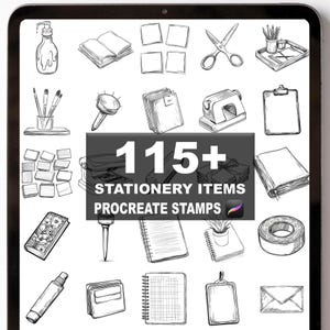 May include: A digital illustration of various stationery items, including scissors, notebooks, and a stapler. The image features the text "115+ STATIONERY ITEMS PROCREATE STAMPS" in a dark gray rectangle.