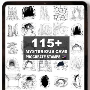 May include: A digital tablet displays a collection of black and white cave illustrations. The image features the text "115+ Mysterious Cave Procreate Stamps". The illustrations include various cave entrances, rock formations, and mushroom drawings.
