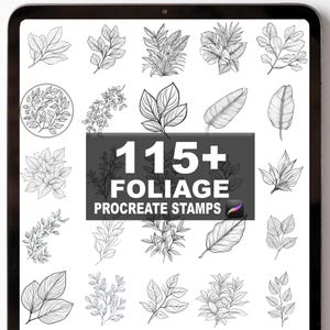 May include: A digital art display featuring a collection of 115+ foliage Procreate stamps. The stamps showcase various botanical illustrations of leaves and plants in black and white, perfect for digital artists and designers.