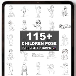 May include: Digital art stamps for Procreate featuring over 115 children's poses. The image shows various sketches of children in different positions, such as sitting, standing, and playing. The text on the image reads "115+ CHILDREN POSE PROCREATE STAMPS".