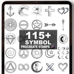 Puede incluir: Una tableta digital muestra una colección de símbolos dibujados a mano, incluyendo un ancla, una ola, una flor, una cruz y corazones. El texto "115+ SYMBOL PROCREATE STAMPS" se destaca, sugiriendo recursos de arte digital.