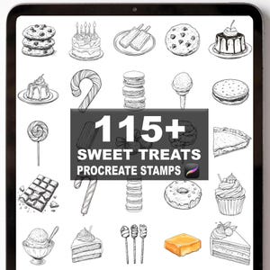 Puede incluir: Ilustración digital de varios dulces, incluyendo galletas, pastel, helado y caramelos. La imagen presenta el texto "115+ Sweet Treats Procreate Stamps" sobre un fondo gris oscuro, ideal para proyectos de arte digital.