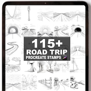 Op de afbeelding: Een digitale tablet toont een verzameling zwart-wit Procreate-stempels met een roadtrip-thema. De afbeelding bevat verschillende wegillustraties, waaronder snelwegen, tunnels en bruggen. De tekst op het scherm luidt "115+ ROAD TRIP PROCREATE STAMPS."