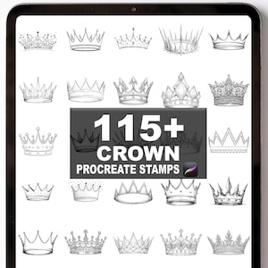 Puede incluir: Una pantalla de tableta con diseños de coronas. La imagen muestra más de 115 sellos de coronas Procreate en blanco y negro, con diversos estilos y detalles intrincados, ideales para proyectos de arte digital.