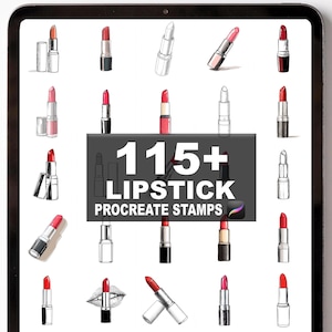 May include: Digital illustration of various lipstick designs in red, pink, and nude shades. The image includes the text "115+ LIPSTICK PROCREATE STAMPS" on a grey background, surrounded by lipstick illustrations on a white background.