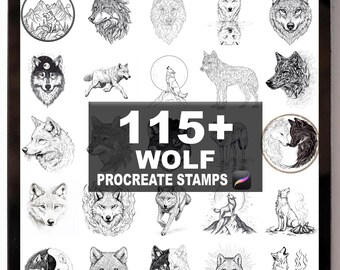 Puede incluir: Una pantalla de tableta digital muestra una colección de sellos Procreate con temática de lobos. Los sellos presentan varias ilustraciones de lobos, incluidos retratos detallados, diseños geométricos y escenas de lobos aullando a la luna. El texto "115+ WOLF PROCREATE STAMPS" es visible.