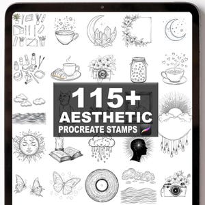 May include: A digital tablet screen displays a collection of black and white aesthetic Procreate stamps. The stamps include illustrations of a cat, coffee cups, butterflies, flowers, a crescent moon, and the text "115+ AESTHETIC PROCREATE STAMPS".