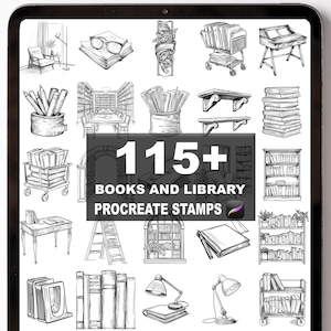 May include: Digital art stamps featuring library and book-themed illustrations. The image displays various sketches of books, bookshelves, reading lamps, and library furniture. Text reads "115+ BOOKS AND LIBRARY PROCREATE STAMPS".