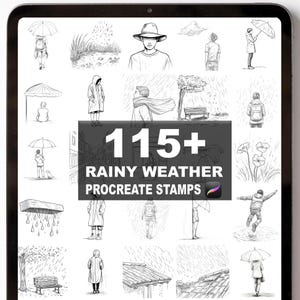 May include: A digital art collection of 115+ rainy weather Procreate stamps. The black and white illustrations depict people with umbrellas, rain, and various outdoor scenes. The images are displayed on a tablet screen.