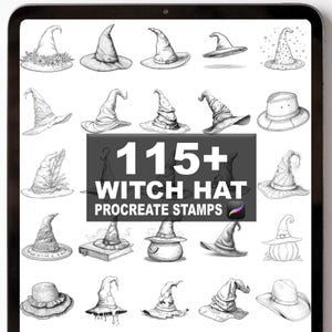 Pode incluir: Uma ilustração digital com mais de 115 carimbos Procreate de chapéus de bruxa. Os chapéus são retratados em vários estilos, com sombreamento e texturas detalhadas, ideais para projetos de arte digital. A imagem é exibida em um tablet.