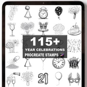 May include: A digital illustration in black and white, showcasing celebratory icons. Includes party hats, clocks, balloons, fireworks, champagne glasses, cake slices, and confetti. The text reads "115+ Year Celebrations Procreate Stamps."