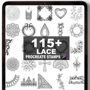 May include: A digital art display showcasing 115+ lace Procreate stamps. The stamps include diverse designs like floral frames, hearts, bows, and decorative borders, all in monochrome.