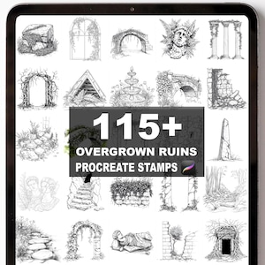 May include: A digital art display on a tablet features a collection of overgrown ruins Procreate stamps. The image includes various architectural elements like arches, columns, and statues, all rendered in black and white. Text reads "115+ Overgrown Ruins Procreate Stamps."