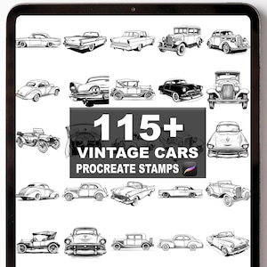May include: A digital illustration of a collection of vintage cars in black and white. The image includes the text "115+ Vintage Cars Procreate Stamps". The cars are of various styles and eras.