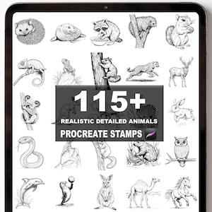Könnte beinhalten: Digitale Illustration verschiedener Tiere, darunter ein Igel, ein Waschbär, ein Eichhörnchen und ein Hirsch. Das Bild enthält den Text "115+ Realistic Detailed Animals Procreate Stamps."