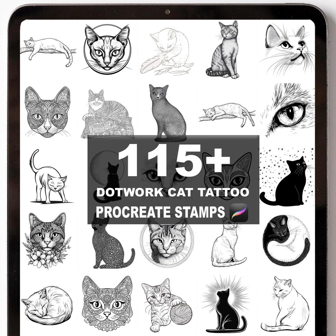 115+ Procreate Dotwork Cat Tattoo Brushes | Procreate Stamps | Instant ...