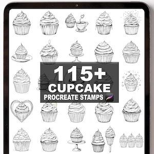 Puede incluir: Ilustración digital en una pantalla de tableta que muestra varios diseños de cupcakes. La imagen presenta múltiples dibujos de cupcakes, una taza de café y el texto "115+ CUPCAKE PROCREATE STAMPS". Los cupcakes son en blanco y negro.