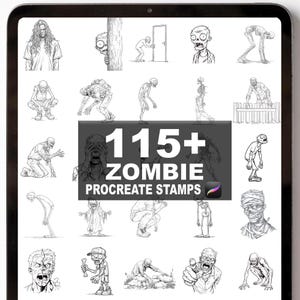 Może przedstawiać: Cyfrowy tablet prezentuje kolekcję czarno-białych ilustracji zombie. Widoczny jest tekst "115+ ZOMBIE PROCREATE STAMPS". Różne pozy i style zombie są przedstawione, idealne do projektów sztuki cyfrowej.