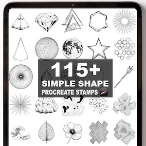 Puede incluir: Ilustración digital que muestra 115+ sellos Procreate de formas simples. Los sellos incluyen formas geométricas, cuerpos celestes, elementos naturales y diseños abstractos, todos en blanco y negro.