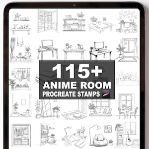 May include: A tablet screen displays a digital illustration of over 115 anime room Procreate stamps. The black and white drawings feature room elements like furniture and decor, ideal for digital art projects. The text reads 'Anime Room Procreate Stamps'.