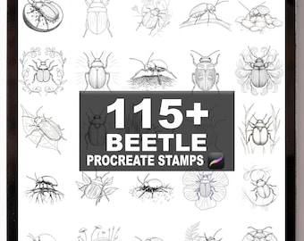 May include: A digital tablet displays a collection of 115+ beetle Procreate stamps. The black and white illustrations showcase various beetle species, with detailed line art and botanical elements. The text "115+ BEETLE PROCREATE STAMPS" is prominently displayed.