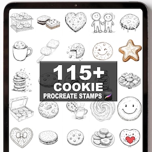 May include: Digital art illustration of various cookies, including heart-shaped, star-shaped, and round cookies. The image also includes the text "115+ COOKIE PROCREATE STAMPS".