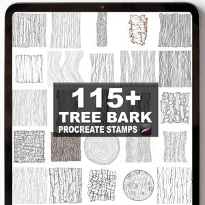 Może przedstawiać: Cyfrowa kolekcja tekstur kory drzew wyświetlana na ekranie tabletu. Obraz zawiera różne ilustracje wzorów kory, w tym przekroje i szczegółowe zbliżenia. Tekst na obrazie brzmi "115+ TREE BARK PROCREATE STAMPS."