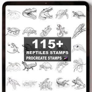 Puede incluir: Imagen de arte digital en una pantalla de tableta con numerosas ilustraciones de reptiles en blanco y negro, incluyendo lagartos, tortugas y caimanes. La imagen incluye el texto "115+ Reptiles Stamps Procreate Stamps".