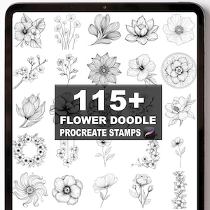 以下が含まれることがあります： デジタルタブレットには、115以上の花の落書きProcreateスタンプのコレクションが表示されています。白黒の花のイラストには、さまざまな種類の花やアレンジメントが含まれており、デジタルアートプロジェクトに最適です。「115+ Flower Doodle Procreate Stamps」というテキストが表示されています。