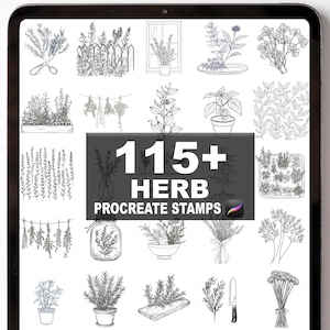 May include: A digital art image on a tablet screen featuring various hand-drawn herb illustrations. The central graphic reads "115+ HERB PROCREATE STAMPS." The images include herbs in pots, hanging, and in bouquets, all in black and white.