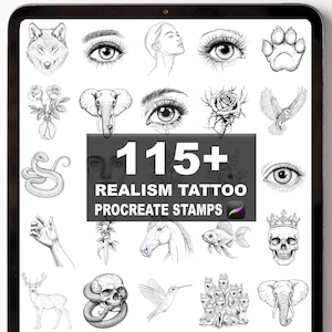 Könnte beinhalten: Eine digitale Kunstpräsentation mit einer Sammlung von realistischen Tattoo-Designs in Schwarzweiß. Die Designs umfassen Tiere, Augen, Blumen und menschliche Figuren. Der Text "115+ REALISM TATTOO PROCREATE STAMPS" ist zu sehen.
