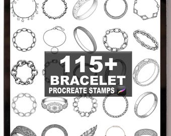 Peut inclure: Illustration numérique de divers modèles de bracelets, incluant des maillons de chaîne, des bracelets joncs et des bracelets à breloques. L'image présente le texte "115+ BRACELET PROCREATE STAMPS" dans un encadré gris foncé.