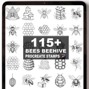 Puede incluir: Ilustración digital con diseños de abejas y colmenas. La imagen incluye varias ilustraciones de abejas, patrones de panal y diferentes estructuras de colmenas. El texto dice "115+ BEES BEEHIVE PROCREATE STAMPS."