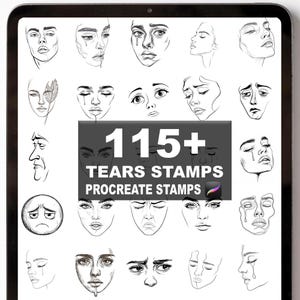 Puede incluir: Una tableta digital muestra ilustraciones de rostros con lágrimas. El texto "115+ TEARS STAMPS PROCREATE STAMPS" es visible. Los rostros expresan tristeza y llanto, en blanco y negro.