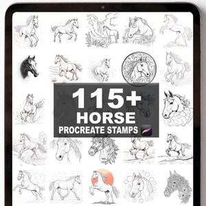 May include: A digital tablet displays a collection of horse illustrations. The images are black and white line drawings of horses in various poses. The text "115+ HORSE PROCREATE STAMPS" is prominently displayed in the center of the screen.