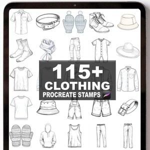 Könnte beinhalten: Digitale Illustration verschiedener Kleidungsstücke, darunter Hemden, Hosen, Hüte und Accessoires. Das Bild zeigt den Text "115+ CLOTHING PROCREATE STAMPS" in einem zentralen Banner. Die Illustrationen sind in Schwarzweiß gehalten.