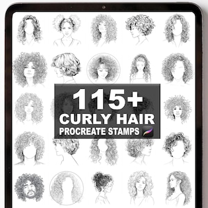 Könnte beinhalten: Eine digitale Kunstpräsentation mit zahlreichen Schwarz-Weiß-Illustrationen von lockigen Frisuren. Das Bild enthält den Text "115+ CURLY HAIR PROCREATE STAMPS". Die Illustrationen zeigen verschiedene Lockenarten und -stile.