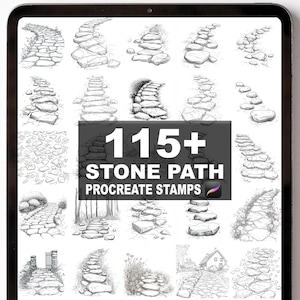 May include: A digital art image showcasing a collection of over 115 stone path Procreate stamps. The stamps feature various designs of stone pathways, with different stone shapes and arrangements, in a grayscale color palette.