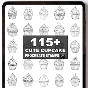 Op de afbeelding: Een digitale illustratie van 20 cupcakes in zwart-wit, elk met unieke glazuurontwerpen en decoraties. De afbeelding bevat de tekst "115+ Cute Cupcake Procreate Stamps". De cupcakes zijn in een rasterindeling gepresenteerd.