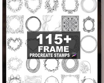 Può includere: Un tablet digitale mostra una raccolta di 115+ timbri Procreate a cornice. Le cornici sono di varie forme, tra cui cuori, cerchi e quadrati, e presentano disegni floreali, ornati e geometrici. I timbri sono in bianco e nero.