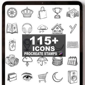 May include: A digital illustration of a collection of icons, including a compass, crown, shopping bag, trophy, mountains, map, headphones, cloud, house, battery, camera, umbrella, coins, calendar, eye, shopping cart, moon, and speaker. The text reads "115+ ICONS PROCREATE STAMPS."