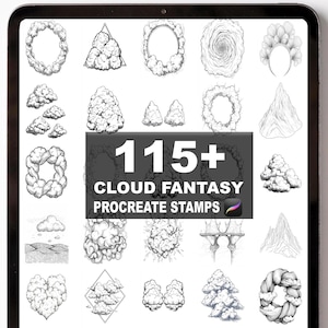 May include: A tablet screen displaying digital art, showcasing a collection of cloud-themed Procreate stamps. The stamps include various cloud shapes, wreaths, and mountain illustrations. The text "115+ Cloud Fantasy Procreate Stamps" is visible.