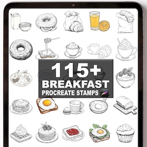 May include: Digital illustration of various breakfast foods, including donuts, croissants, toast with honey, and pancakes. The image also features the text "115+ BREAKFAST PROCREATE STAMPS."