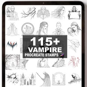 Puede incluir: Una colección de arte digital mostrada en la pantalla de una tableta. La imagen presenta numerosas ilustraciones en blanco y negro de vampiros, junto con el texto "115+ VAMPIRE PROCREATE STAMPS". Las ilustraciones representan varios personajes y escenas de vampiros.
